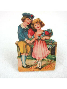 Vintage Valentine Die Cut Stand Up Boy Sailor Suit Girl Flowers 1920-30s Germany